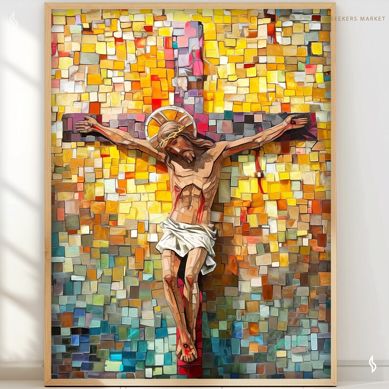 May include: A framed artwork depicting Jesus on the cross, rendered in a mosaic style. The artwork features a warm color palette of yellows, oranges, and browns, with a wooden frame. The image includes the text "Seekers Market" in the upper right corner.