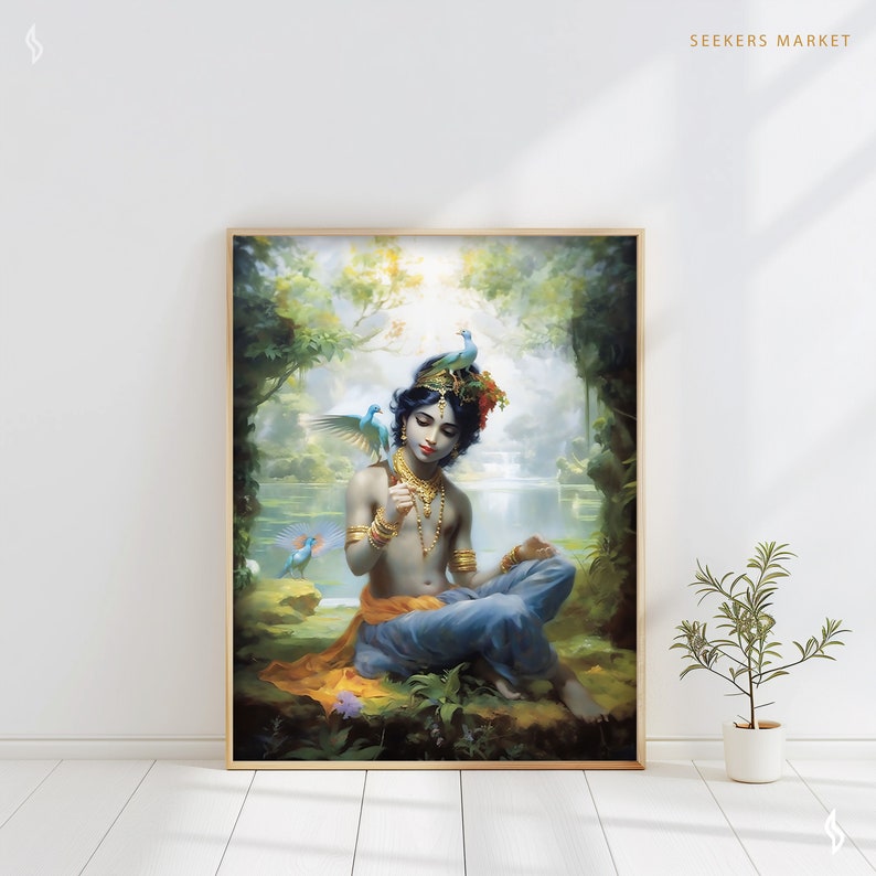 Boy Krishna Art Print, Divine Child with Peacocks, Hindu Wall Art image 5