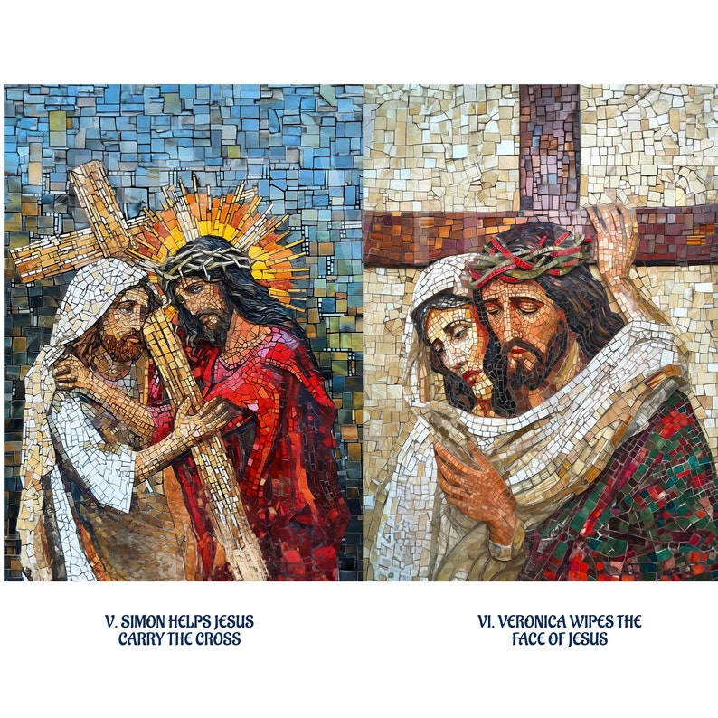 Puede incluir: Una obra de arte en mosaico que representa dos escenas del V&iacute;a Crucis. La primera escena muestra a Sim&oacute;n de Cirene ayudando a Jes&uacute;s a cargar la cruz. La segunda escena muestra a Ver&oacute;nica limpiando el rostro de Jes&uacute;s con un pa&ntilde;o.