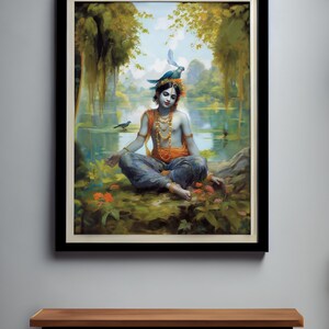 Printable art Krishna painting young Lord Krishna sitting by the water hindu gift indian wall art Digital Download image 7