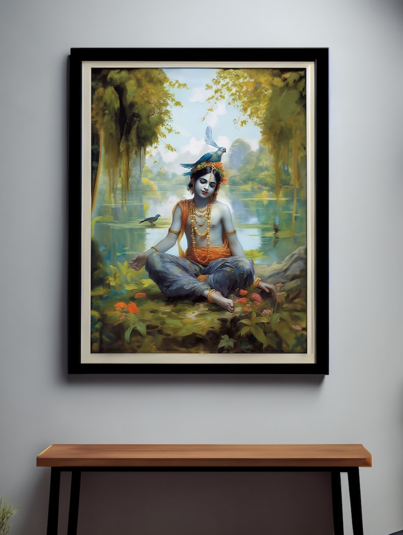 Printable art Krishna painting young Lord Krishna sitting by the water hindu gift indian wall art Digital Download image 7