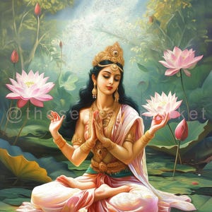 Printable art Lakshmi painting Indian wall art Lotus Garden Goddess Lakshmi in Meditation home decor yoga wall decor RHL4 Digital Download