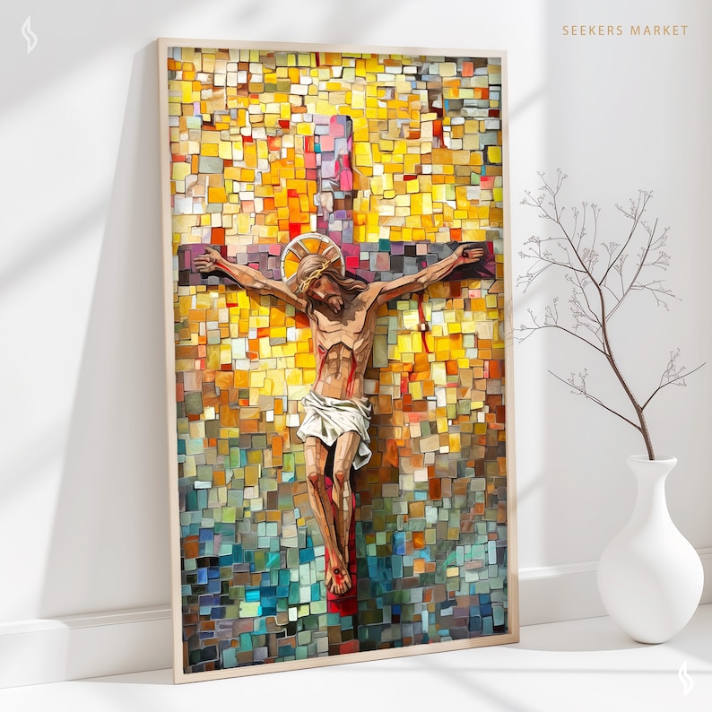 a painting of a man on a cross on a wall