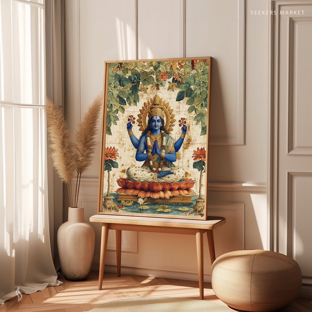 Lord Vishnu Hindu God Portrait - Blue Spiritual Wall Art, Indian Deity ...