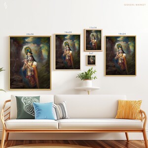 a living room with a couch and paintings on the wall