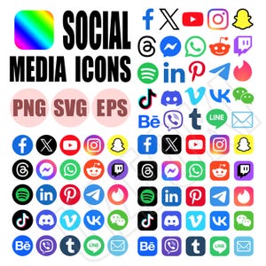 May include: A collection of colorful social media icons, including Facebook, Instagram, YouTube, and Twitter. The image also features the words "SOCIAL MEDIA ICONS" and file type indicators like "PNG", "SVG", and "EPS".