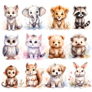 12 süße Tiere Clipart Bundle, druckbare Aquarell Clipart, hohe Qualität PNG, digitaler Download, Baby Tier Dekor, Papiermodell