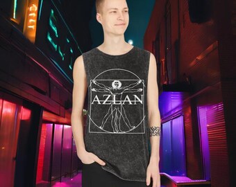 Unisex Stonewash Tank Top, Aslan Vitruvian Design