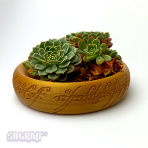 May include: A gold-coloured ceramic planter shaped like the One Ring from The Lord of the Rings, with the inscription "One Ring to rule them all, One Ring to find them, One Ring to bring them all and in the darkness bind them" in Elvish script. The planter is filled with green succulents.
