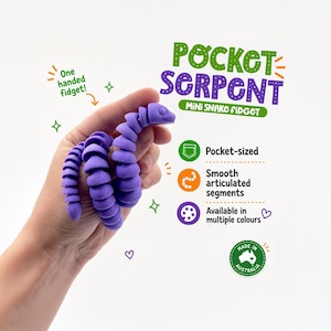 May include: A purple articulated snake fidget toy with smooth segments. Text on the image reads: Pocket Serpent, Mini Snake Fidget, One handed fidget!, Pocket-sized, Smooth articulated segments, Available in multiple colours, Made in Australia.