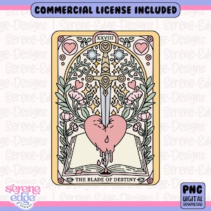 Libro romántico La Espada del Destino (PNG), Carta del Tarot Espada en el Corazón (Girlie) / Rosas Rojas Obscenas (Booktrovert), PNG de amantes de los libros, Pegatinas de diseño DTF