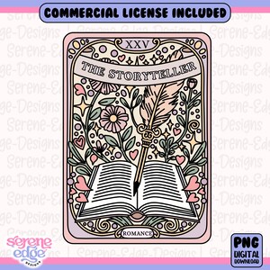 O livro de romance do contador de histórias PNG, Floral e Coração Girlie | Carta de Tarô de Caneta-tinteiro Smutty Booktrovert, Bookish PNG, Adesivo de Designs DTF