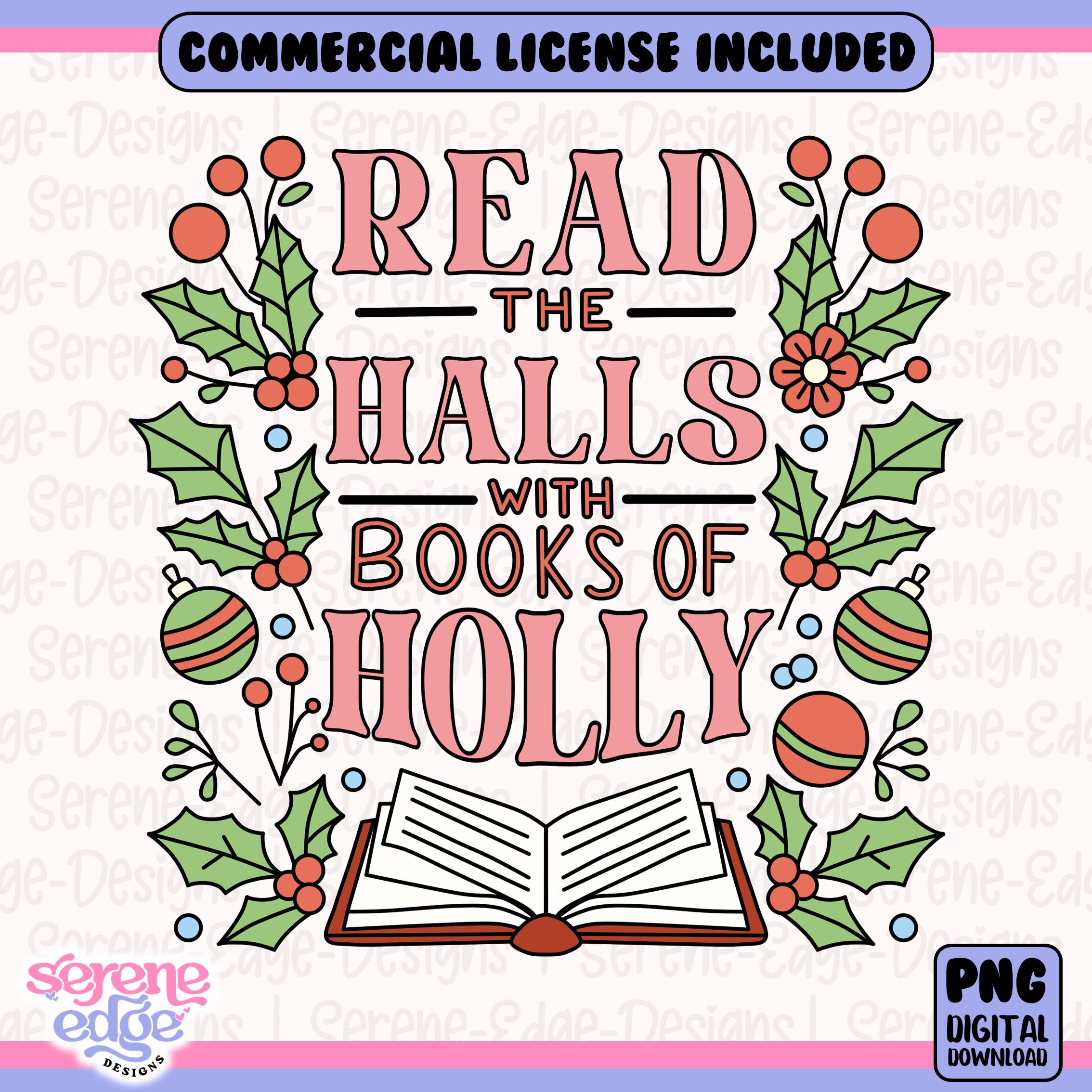 Lesen Sie die Hallen mit Büchern der Stechpalme Weihnachtsbuch PNG | Weihnachtskugeln, Weihnachtsmütze leuchtet PNG, Winter Buch Liebe DTF Designs Aufkleber