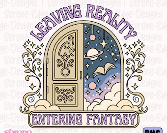 Fantasy-Buch PNG, Realität verlassen Fantasy, Verträumter Planet-Leseliebhaber, Bücherwurm PNG, Booktrovert DTF Design-Aufkleber
