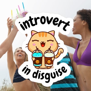 Könnte beinhalten: Ein weißer Aufkleber mit dem Text "Introvertiert im Verborgenen" und einer Cartoon-Illustration einer Katze, die zwei Tassen Boba-Tee hält. Die Katze ist orange mit einer rosa Nase und Wangen.