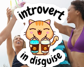 Introvert In Disguise Boba Tea Cat Sticker Decal For High Functioning Introverts! Water Bottle Laptop Meow 2.7 inch Vinyl Sticker