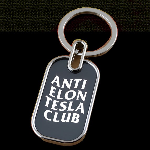Anti Elon Tesla Club Fob Charm Keychain Keyfob for Tesla Owners Regret Musk Social Media Laser Etched Chrome Key Ring Plastic and Metal 2in