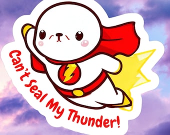 Can't Seal My Thunder! Cute Kawaii Super Hero Seal Sticker Decal For Ocean Lovers, Aquarium, Marine Bio, Sea Life, Adorable Japanese Style