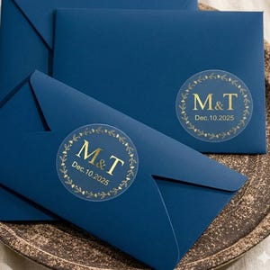 Foiled Wedding Initial Stickers, Real Foil Gold monogram stickers, Transparent Stickers for Cups, Bags, Glasses, Frosted Envelope Seals