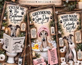 Greyhound Bathroom Prints Set of 3, Funny Greyhound Wall Art, Greyhound Gift, Dog Bathroom Decor, Printable Dog Art, Digital Download
