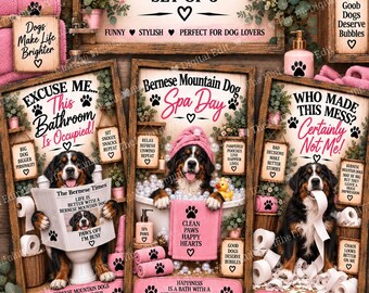 Bernese Mountain Dog Bathroom Prints Set of 3, Funny Bernese Wall Art, Bernese Dog Gift, Dog Bathroom Decor, Digital Download