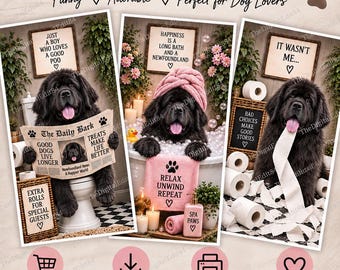 Newfoundland Bathroom Prints Set of 3, Funny Newfoundland Wall Art, Dog Bathroom Decor, Newfoundland Gift, Printable Dog Art, Digital