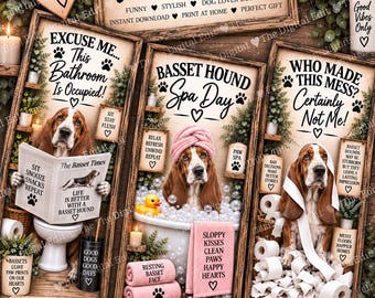 Basset Hound Bathroom Prints Set of 3, Funny Basset Hound Wall Art, Basset Hound Gift, Dog Bathroom Decor, Digital Download
