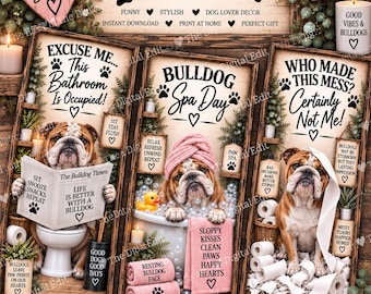 Bulldog Bathroom Prints Set of 3, Funny English Bulldog Wall Art, Bulldog Gift, Dog Bathroom Decor, Printable Dog Art, Digital Download