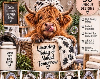 Funny Animal Laundry Room Prints Bundle, 30 Printable Laundry Wall Art, Farmhouse Animal Decor, Funny Laundry Prints, Digital Download