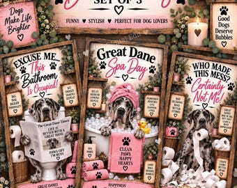 Great Dane Bathroom Prints Set of 3, Funny Great Dane Wall Art, Great Dane Gift, Dog Bathroom Decor, Printable Dog Art, Digital Download