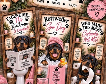Rottweiler Bathroom Prints Set of 3, Funny Rottweiler Wall Art, Rottie Gift, Dog Bathroom Decor, Printable Dog Art, Digital Download