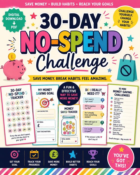 30-Day No-Spend Challenge Printable | Money Saving Challenge | Budget Planner | Savings Tracker | Digital Download PDF