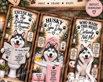 Husky Bathroom Prints Set of 3, Funny Siberian Husky Wall Art, Husky Gift, Dog Bathroom Decor, Printable Dog Art, Digital Download