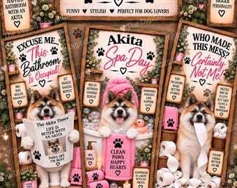 Akita Bathroom Prints Set of 3, Funny Akita Wall Art, Akita Dog Gift, Dog Bathroom Decor, Printable Dog Art, Digital Download