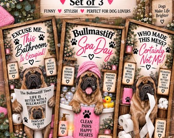 Bullmastiff Bathroom Prints Set of 3, Funny Bullmastiff Wall Art, Bullmastiff Dog Gift, Dog Bathroom Decor, Printable Dog Art, Digital Downl