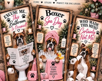 Boxer Bathroom Prints Set of 3, Funny Boxer Wall Art, Boxer Dog Gift, Bathroom Dog Decor, Printable Wall Art, Digital Download