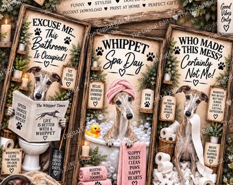 Whippet Bathroom Prints Set of 3, Funny Whippet Wall Art, Whippet Gift, Dog Bathroom Decor, Printable Dog Art, Digital Download