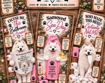 Samoyed Bathroom Prints Set of 3, Funny Samoyed Wall Art, Samoyed Dog Gift, Dog Bathroom Decor, Printable Dog Art, Digital Download