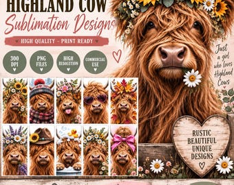 Highland Cow Sublimation Bundle, 10 Highland Cow Designs, Floral Cow PDF, Farmhouse Sublimation Prints, Highland Cow Digital Download
