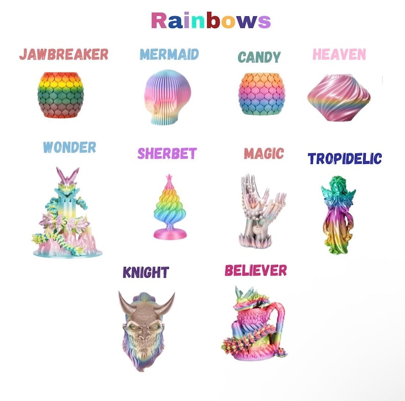 Puede incluir: Una colecci&oacute;n de diez objetos impresos en 3D de colores arco&iacute;ris, etiquetados con nombres como Jawbreaker, Mermaid, Candy, Heaven, Wonder, Sherbet, Magic, Tropidelic, Knight y Believer. Cada art&iacute;culo presenta una forma distinta y un acabado degradado.