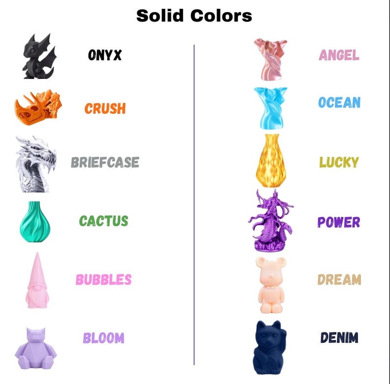 Puede incluir: Una tabla de colores titulada Solid Colors que muestra doce figuras y objetos impresos en 3D con sus etiquetas correspondientes: Onyx, Crush, Briefcase, Cactus, Bubbles, Bloom, Angel, Ocean, Lucky, Power, Dream y Denim, con diversas formas.