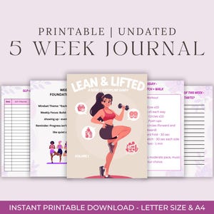 Puede incluir: Un diario imprimible y sin fecha de 5 semanas con un diseño morado y blanco. La portada presenta a una mujer levantando pesas, con el texto "Lean & Lifted". El diario incluye secciones de entrenamiento y mentalidad, y está disponible en tamaño carta y A4.