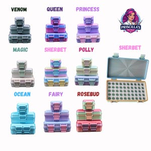 May include: A collection of rectangular storage cases in various color gradients, labeled Venom, Queen, Princess, Magic, Sherbet, Polly, Ocean, Fairy, and Rosebud. Each set includes three stacked cases, with one open case displaying a grid of circular slots.