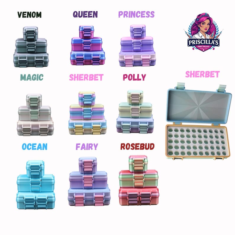 May include: A collection of rectangular storage cases in various color gradients, labeled Venom, Queen, Princess, Magic, Sherbet, Polly, Ocean, Fairy, and Rosebud. Each set includes three stacked cases, with one open case displaying a grid of circular slots.