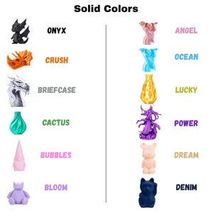 May include: A color chart titled Solid Colors displaying twelve small 3D printed figurines and objects in various hues. Each item is labeled with a specific name: Onyx, Crush, Briefcase, Cactus, Bubbles, Bloom, Angel, Ocean, Lucky, Power, Dream, and Denim.
