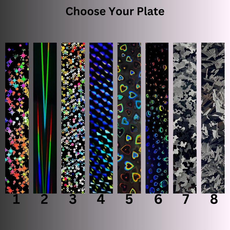 Puede incluir: Una pantalla titulada Choose Your Plate que muestra ocho patrones rectangulares verticales numerados del uno al ocho. Los dise&ntilde;os incluyen estrellas coloridas, l&iacute;neas de ne&oacute;n, puntos multicolores, formas geom&eacute;tricas azules, corazones, burbujas, camuflaje gris y fragmentos.