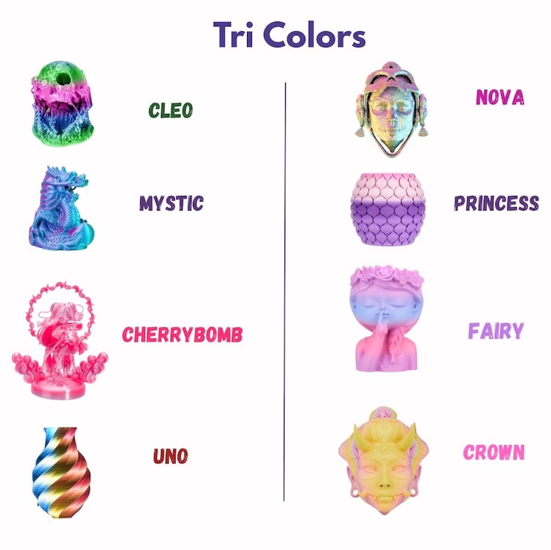 Puede incluir: Una tabla de colores titulada Tri Colors que muestra ocho objetos impresos en 3D con los nombres: Cleo, Mystic, Cherrybomb, Uno, Nova, Princess, Fairy y Crown. Cada objeto presenta un acabado degradado multicolor &uacute;nico y formas variadas.