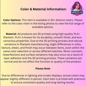 Puede incluir: Un gr&aacute;fico informativo con un fondo degradado rosa y amarillo que presenta el texto Color & Material Information, Color Options, Material y Please Note. Un logotipo de Priscilla's Print Palace est&aacute; en la esquina superior derecha.