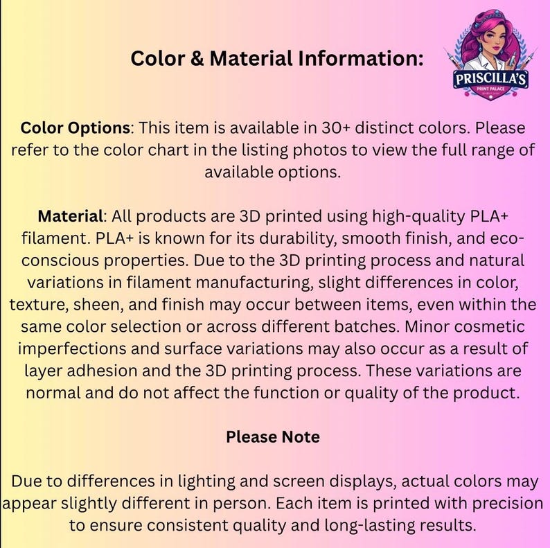 Puede incluir: Un gr&aacute;fico informativo con un fondo degradado rosa y amarillo que presenta el texto Color & Material Information, Color Options, Material y Please Note. Un logotipo de Priscilla's Print Palace est&aacute; en la esquina superior derecha.