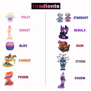 Puede incluir: Una tabla titulada Gradients que muestra diez figuras impresas en 3D con acabados de colores cambiantes. Los art&iacute;culos est&aacute;n etiquetados como Polly, Sunset, Bliss, Ranger, Posion, Stardust, Nebula, Dusk, Storm y Charm, con formas &uacute;nicas y variadas.